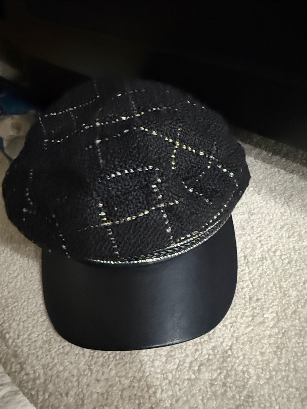 Juicy Couture Black Tweed Newsboy Cap with Leather Like Visor Rhinestone Trim